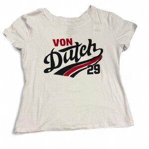 White Von Dutch baby tee with red accents